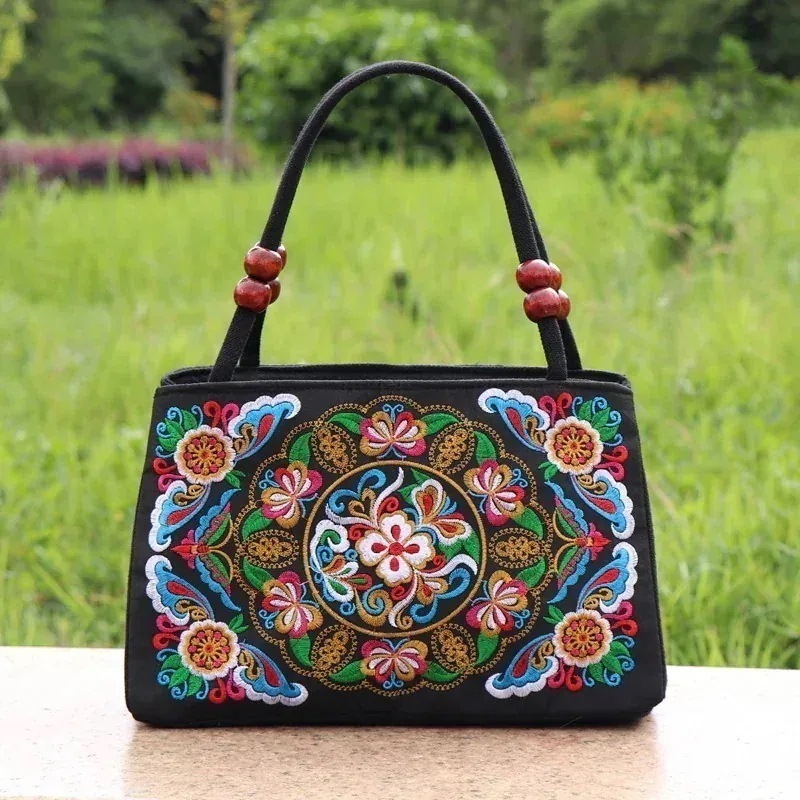 レディース二層ハンドバッグ 刺繍キャンバス スモールバッグ 両面刺繍 カジュアル エスニック風バッグバッグトートバッグ