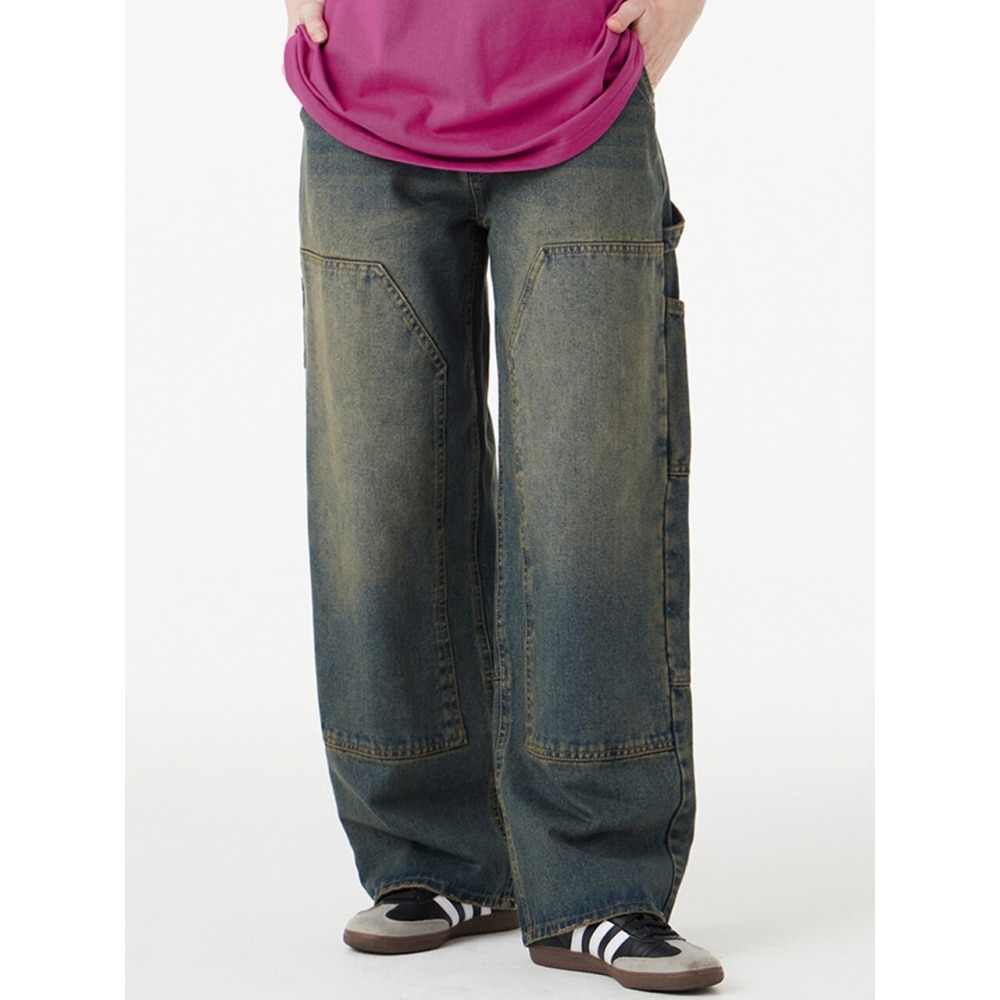 URBANAGE カーペンターウォッシュワイドデニムパンツミディアムブルー