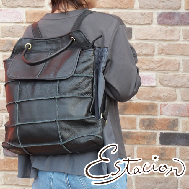 エスタシオン リュックサック レディース 691 バックパック シンプルデザイン 本革 リュック バッグ 手提げバッグ 2WAY パッチワーク 旅行 モノトーン カバン 鞄 大きめ BAG 黒