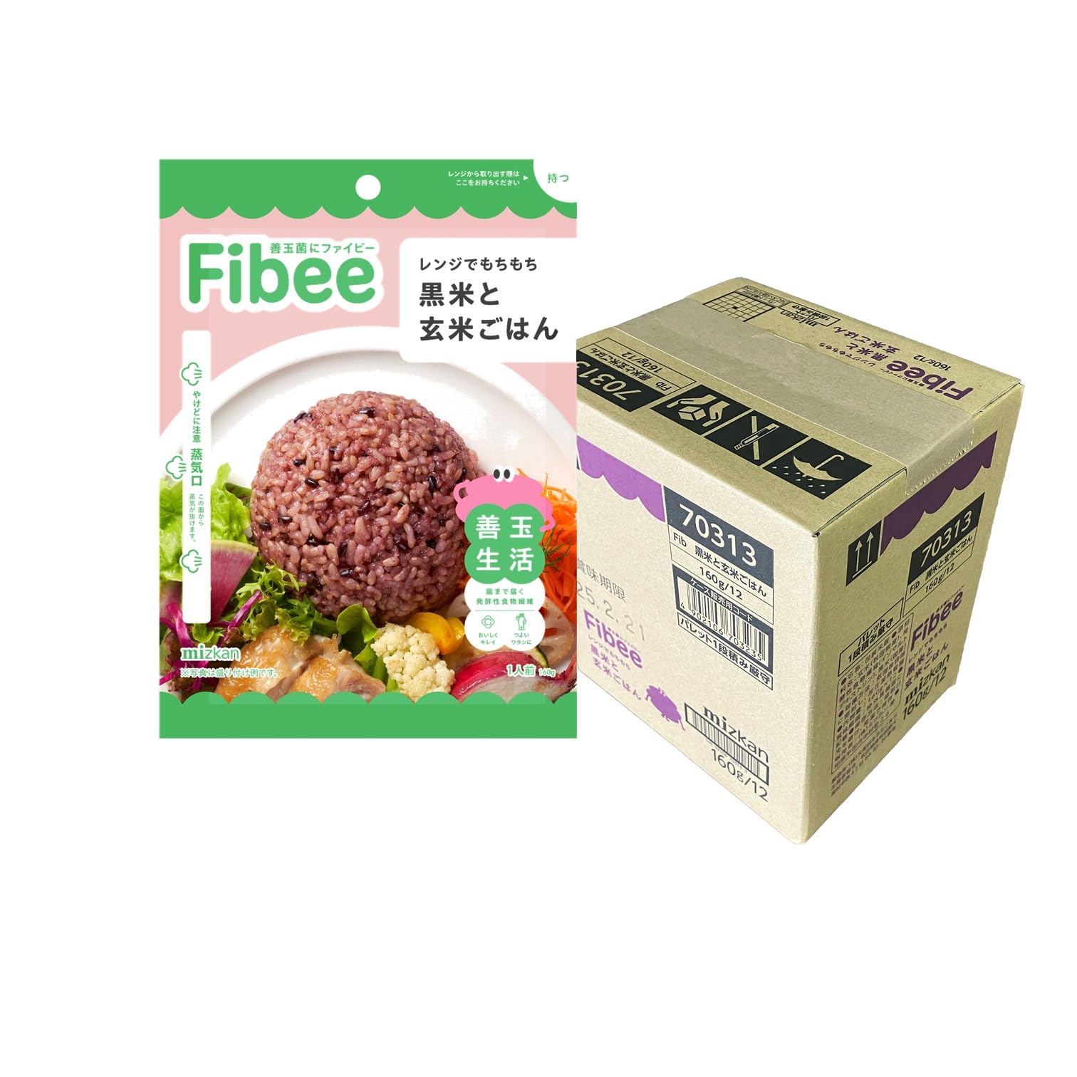 ミツカン Fibee レンジでもちもち 黒米と玄米ごはん 12食 [発酵性食物繊維 レンジで簡単] 食物繊維 パックご飯 備蓄米 非常食 災害食 ファイビー