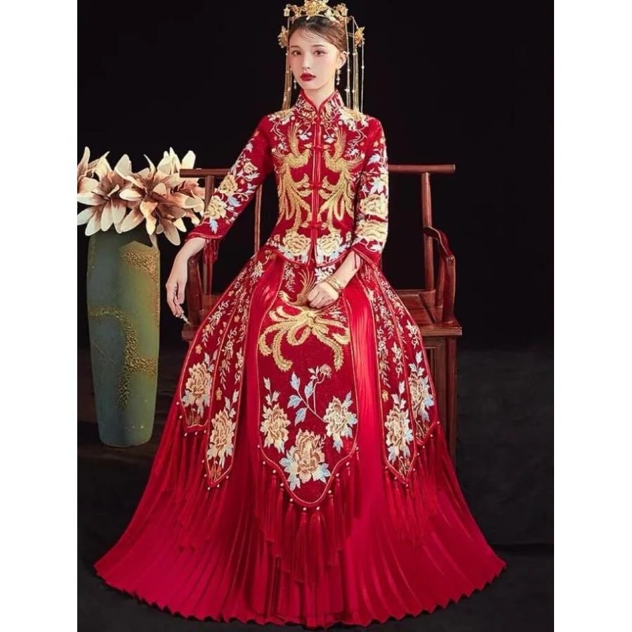 チャイナ風花嫁衣装 中国伝統ウエディングドレス 中華服 上下2点セット 結婚式 披露宴 チャイナドレス 七分袖 チャイナカラートップス ロングスカート 華やか 鳳