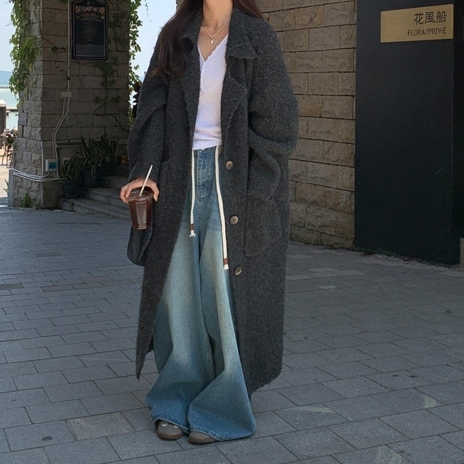 ブークレ ニット ガウンコート ロングコート 秋冬 ロング チェスターコート パーティースタイル ホームパーティーアイテム ガウンコート オフィススタイル エレガントスタイル カジュアルスタイル