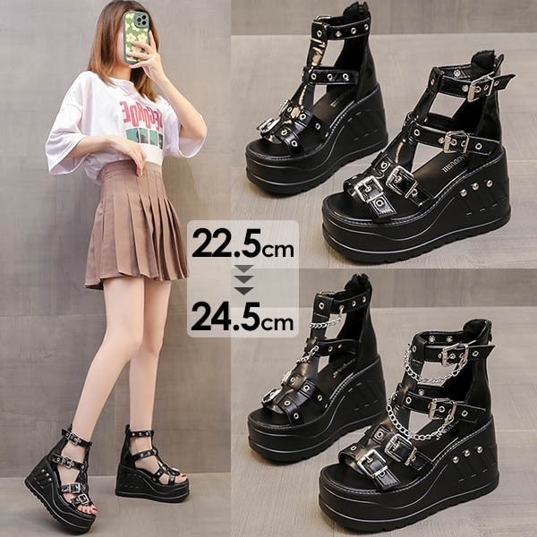 ショートブーツ サンダル かかとあり ブーツサンダル ウェッジソール インヒール PU 厚底 オープントゥ バックジップ レディース 韓国 かわいい おしゃれ 可愛い 夏 秋