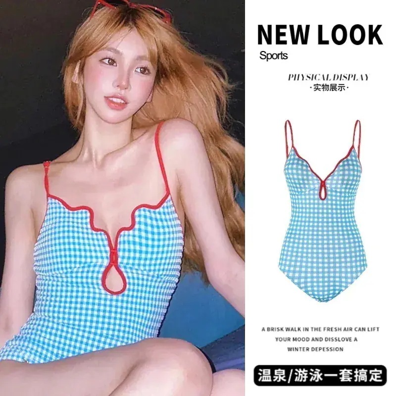 【満場時間】【3日間送信】日系フレッシュロリー少女減齢ブルーチェックサマーキャミソールセクシー背中見せ痩せ温泉ワンピース水着女
