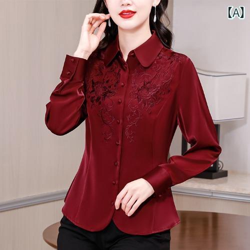 春 重厚感 刺繍 シャツ トップス レディース サテン スリムフィット シック リッチ カジュアル 中高年 ブラウス エレガント スタイリッシュ 長袖 光沢 高級感 4,807円