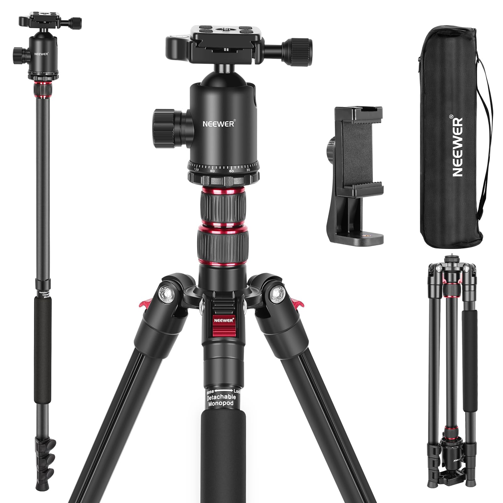 NEEWER 197cm カメラ三脚一脚 折りたたみ式 アルミ製 DSLR/スマホ用 360パノラマボールヘッド/2軸センターコラム/Arca QRプレート/バッグ付き ポータブル 旅行用三脚 撮影
