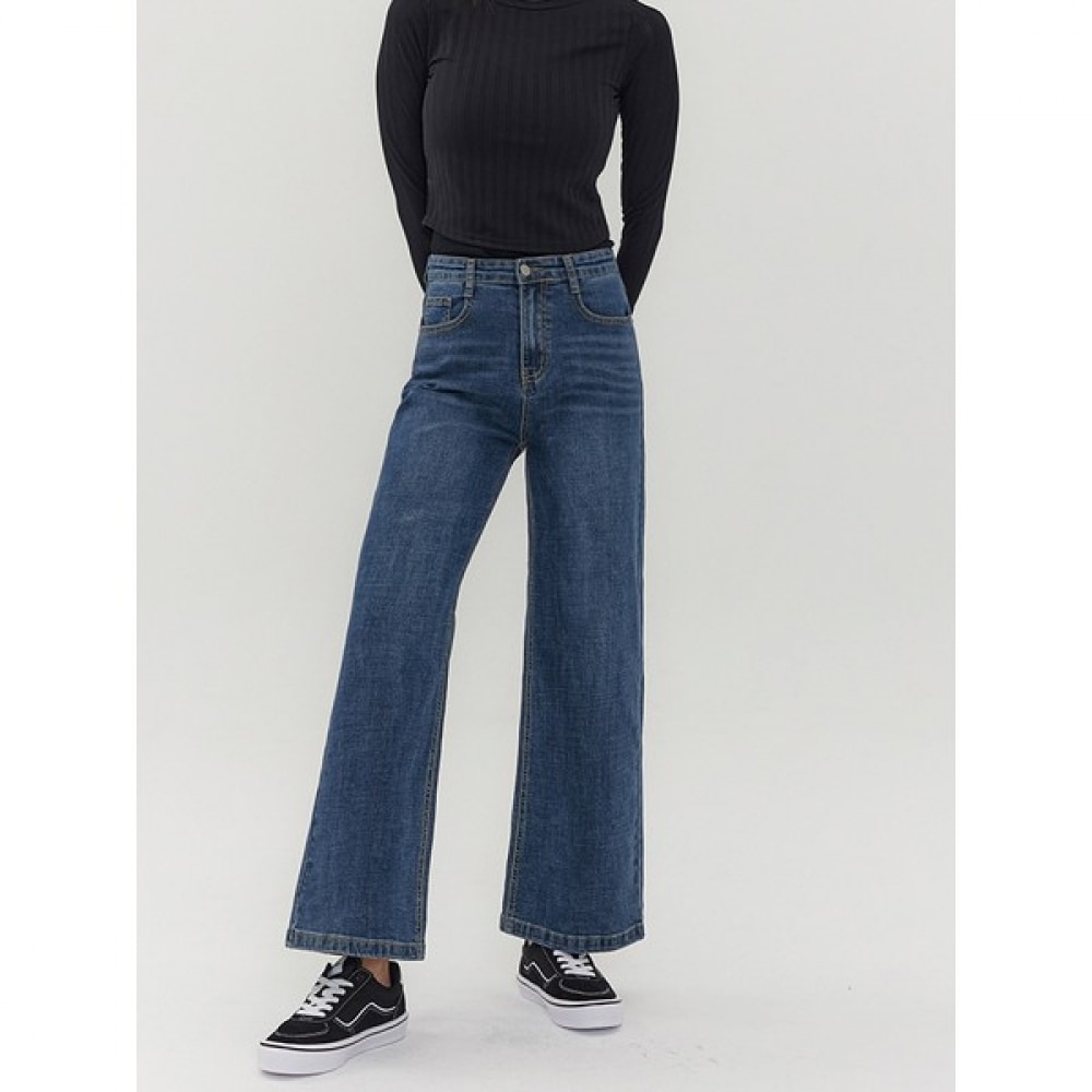 (Jinmania) ブルーダブルウエストバンドブーツカットフィットワイドデニムパンツ