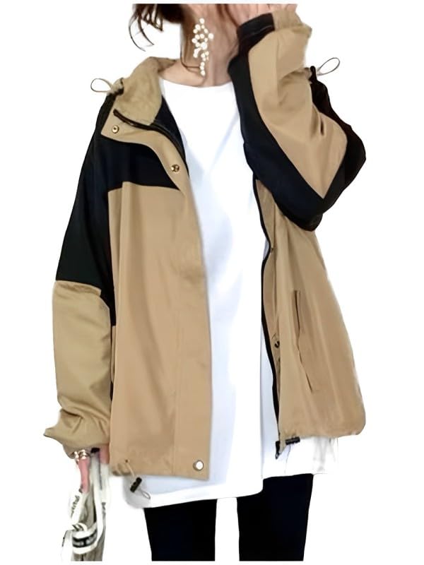 [ワン アンブ] マウンテンパーカー レディース 秋 アウター アウトドア コート ジャケット ブルゾン ミドル丈 配色 カジュアル 大きいサイズ 韓国 秋服 あき 秋冬 体型カバー ビッグシルエット