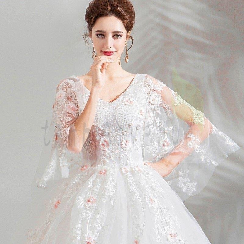 ウェディングドレス 袖あり 安い 白 二次会 結婚式 花嫁 ドレス 姫系 披露宴 大きいサイズ エン