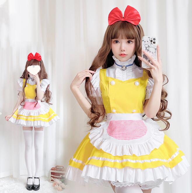 メイド服 膝丈 メイドワンピース メイドコスチューム メイド服 コスプレ ロリータ ワンピース 可愛い メイド喫茶 cosplay エプロン ワンピ ハロウィン イベント 仮装 大きいサイズあり イエ