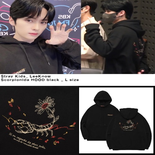 [韓國正品店][Stray Kidsリノ 着用]Scorpionida 刺繍 フードTシャツ ブラック/レディースフードTシャツ/メンズフードTシャツ/春秋服/長 袖 Tシャツ/オーハーサイス tシャ