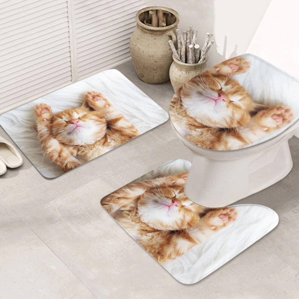 3ピースバスラグセット かわいい-小さな-赤い子猫-sleeps-on お手入れが簡単 ノンスリップ 耐久性