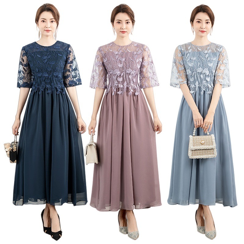 レース刺繍 ワンピース ロング丈 結婚式 パーティードレス 50代 40代 30代 フォーマル 上品 エレガント 袖あり 大きいサイズ 体型カバー 母親 お呼ばれ 二次会 食事会 同窓会 謝恩会 春夏