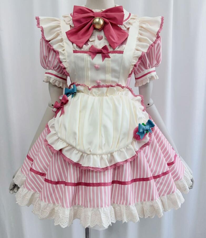 【TikTok人気新品】可愛い メイド服 半袖 メイドワンピース ストライプ柄 ピンク メイドコスチューム メイド服 コスプレ ロリータ ワンピース メイド喫茶 cosplay エプロン ワンピ ハロ