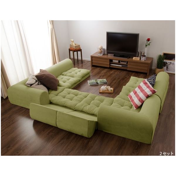 フロアソファー 3点セット (グリーン スエード生地) 高さ33cm 1人掛け 2人掛け コーナー付き 日本製 KSA-337GRN