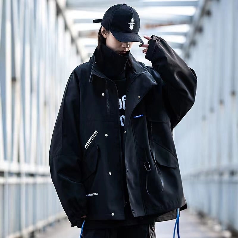 機能系 ジャケットブラック オフホワイト 暗黒風 パンク風 カジュアル オーバーコート 個性的なデザイン ステージ衣装 演出衣装 イベント こせい 個性 特徴あり 新作 TV 主演 ステー