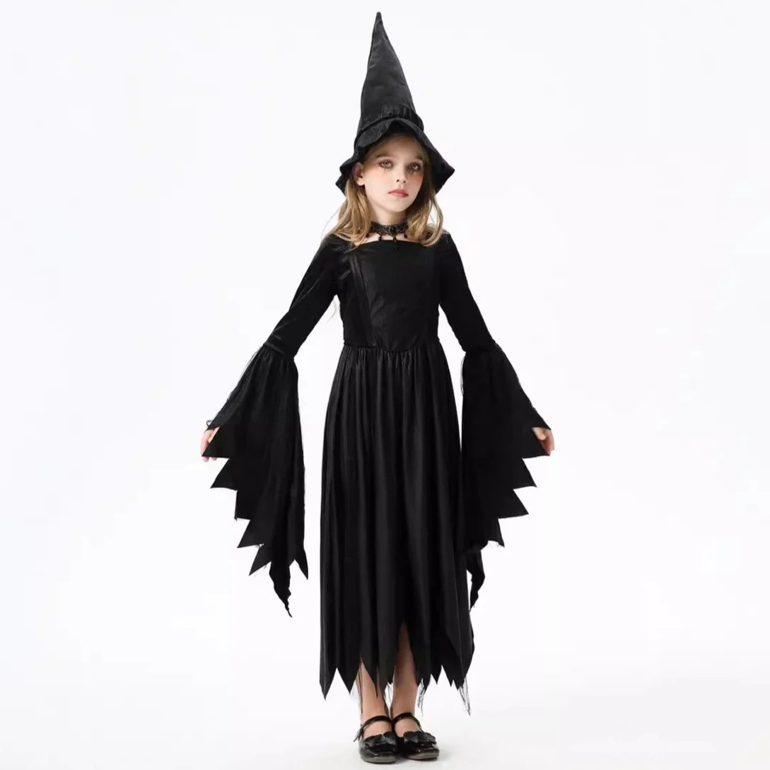 2024ハロウィン子供コスチュームブラックマジシャンヨーロッパとアメリカのドレス魔女コスチュームヴァンパイアステージ衣装