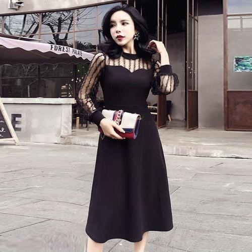 1365.シースルー袖Aラインドレス（ブラック） 2019 春夏 sale パーティー レストラン 女子会 お呼ばれ セクシー 記念日