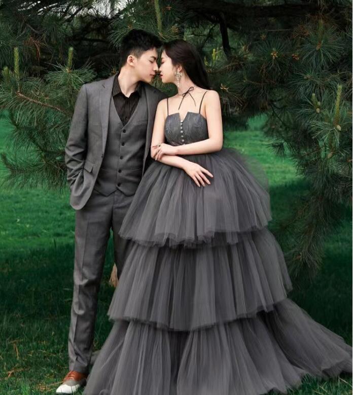 結婚式ドレス お姫様 ロング 花嫁ドレス 多重チュール フォトウェディング撮影 森系 ウェディングドレス 可愛い 前撮りドレス 後撮り ワンピース きれいめ 二次会ドレス 披露宴 パーティードレス 成