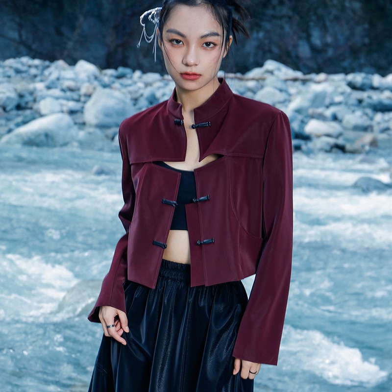 チャイナ風アウター ショート丈 PUコート ワインレッド ライダースジャケット レディース フェイクレザージャケット 赤 ジャケット 秋