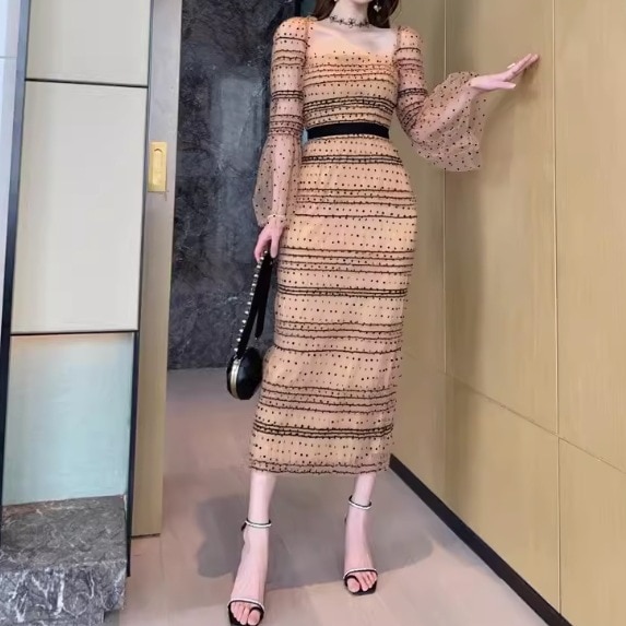 レディース スカート ワンピース プルオーバー ドレス ロングスカート レーススカート ミモレ 長袖 スクエアネック オフショルダー 襟なし ノーカラー ストレート レース チュール ウエストマーク