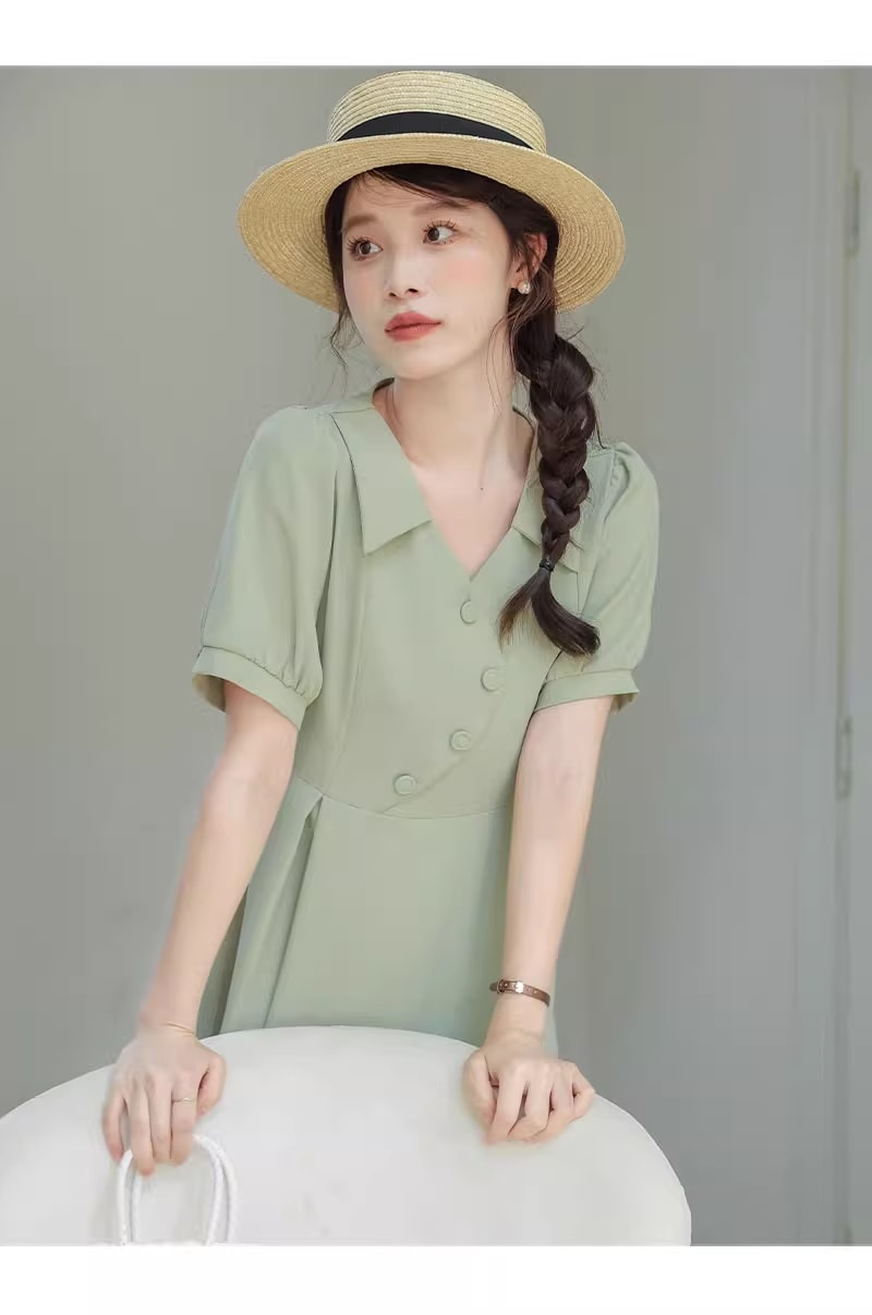 女性 デザイン センス 半袖 フレンチ レトロ ソリッド カラー ドレス ワンピース 膝下 袖あり 半袖 Vネック 襟付き かわいい 大人可愛い きれいめ シンプル カジュアル 大人 上品 おしゃれ 7,832円