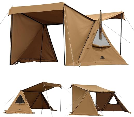 1人用 【メッシュ/耐熱シート三角窓】 ソロテント ポリコットンテント【アルミポール+スカート付き】軍幕 ミリタリーテント 焚き火可 難燃 遮光 日よけ 撥水 多機能テント 薪ストーブが使える 前後開