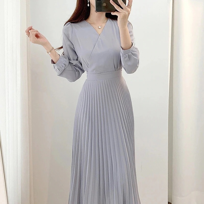 デザイン春季無地Vネック着痩せプリーツス