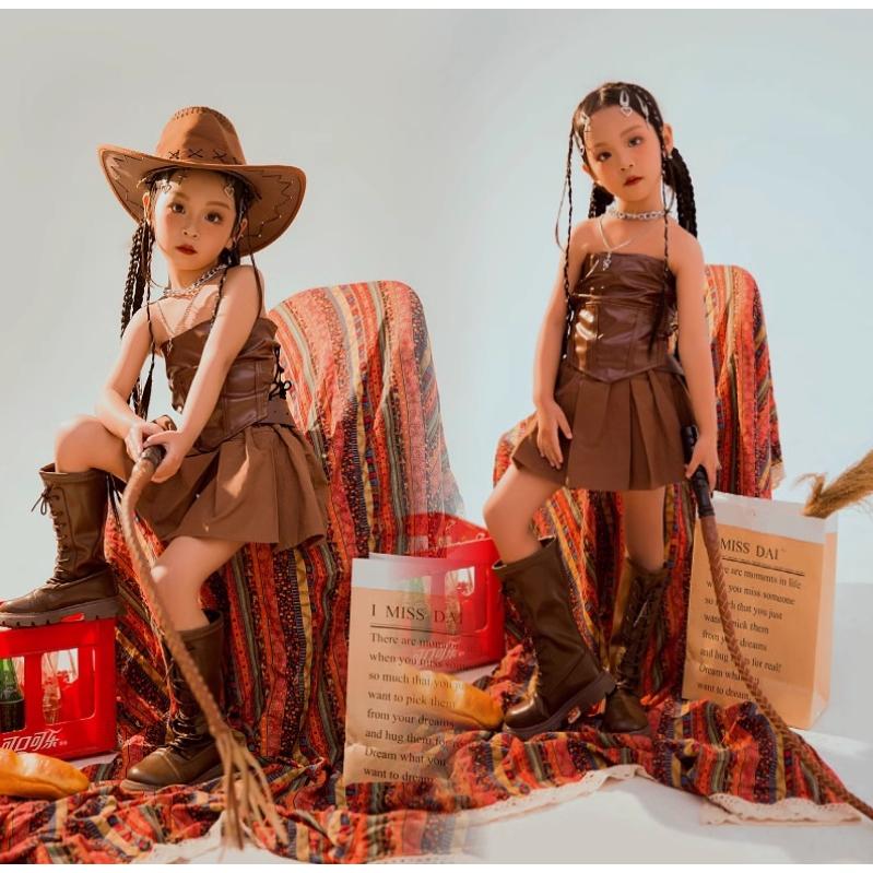 [新品入荷]ダンス服 ガールズ ガールズダンス 衣装 カウガール ウエスタン スカート セットアップ ダンスウェア 発表会 イベント ジュニア 個性的 ブラウン コスプレ