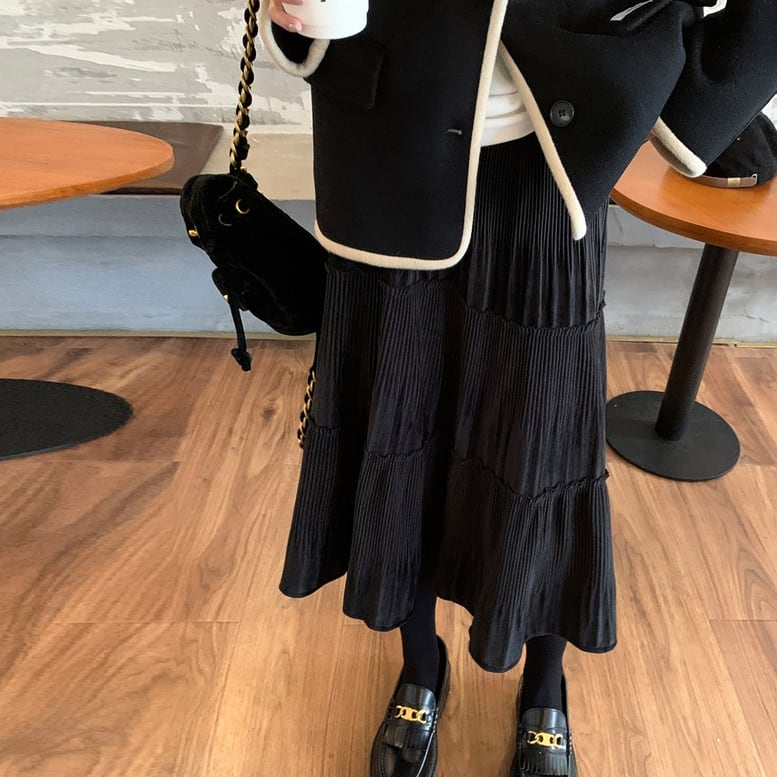 レディース ティアードスカート ランダムプリーツスカート ロングスカート ひざ下 229