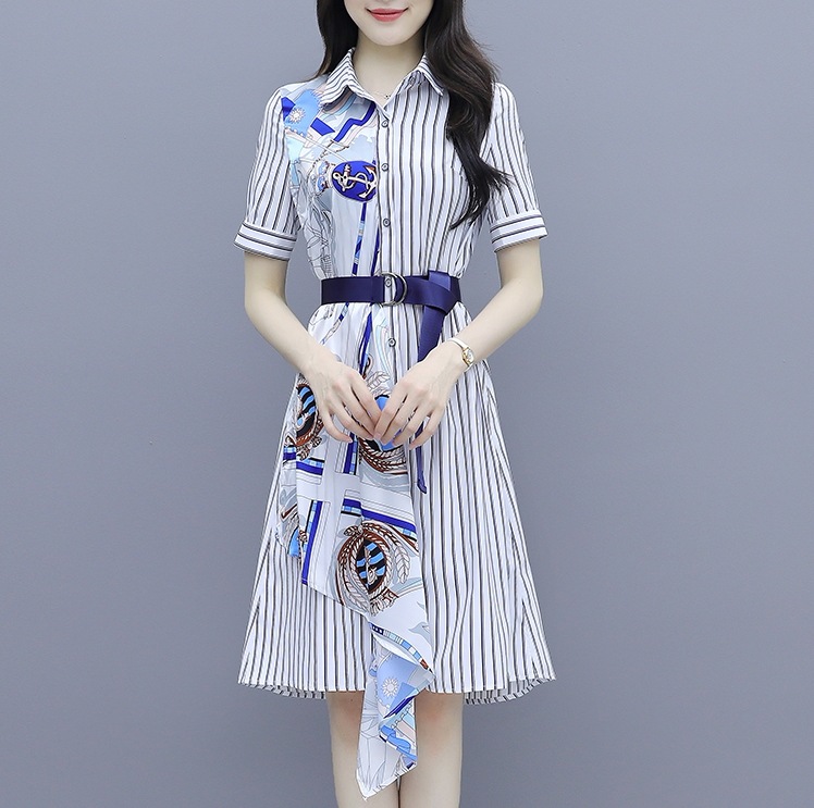 ストライプシャツワンピース ハイウエストワンピース カジュアルシャツワンピース ミックスデザインワンピース スカート ワンピース シャツ ブラウス オールインワン ロングスカート フレアスカート