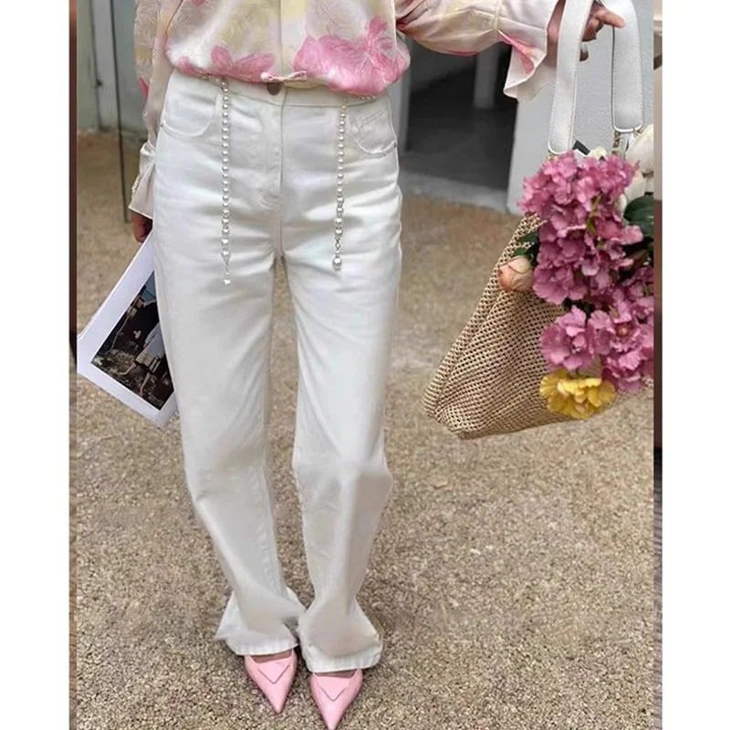 2025レディースパールウエストチェーンハイウエストスリムルーズストレートワイドレッグジーンズレディース