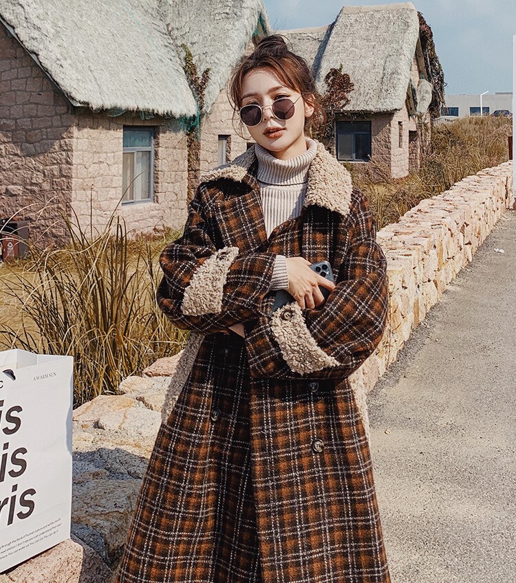 アウター ウールコート コート ジャケット ダブルブレスト ハイウエスト ベルト 格子柄 襟 冬 通勤 裏地 長袖 ポリエステル ミッドレングス レトロ S M L XL ブラウン 茶色 ロングコート