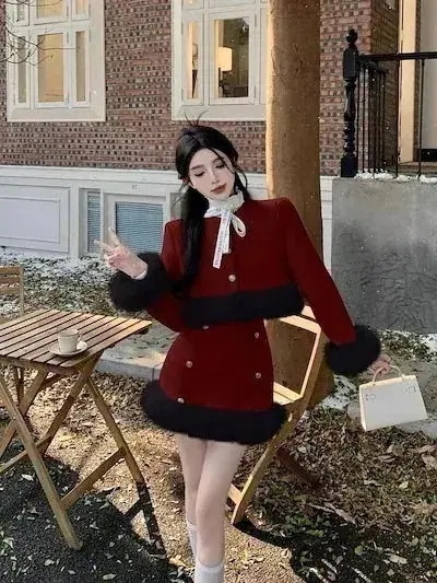大好評！25大人気サンタコスプレ フレンチスタイル ヘアカラー パッチワーク ヴィンテージ レッド コート ハイウエ