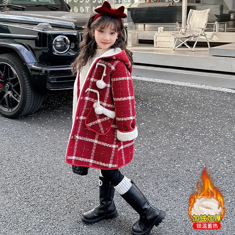 韓国版2024新作ガールズ冬服厚みのあるウールベルベットジャケットミドル丈韓国風チェック柄コート