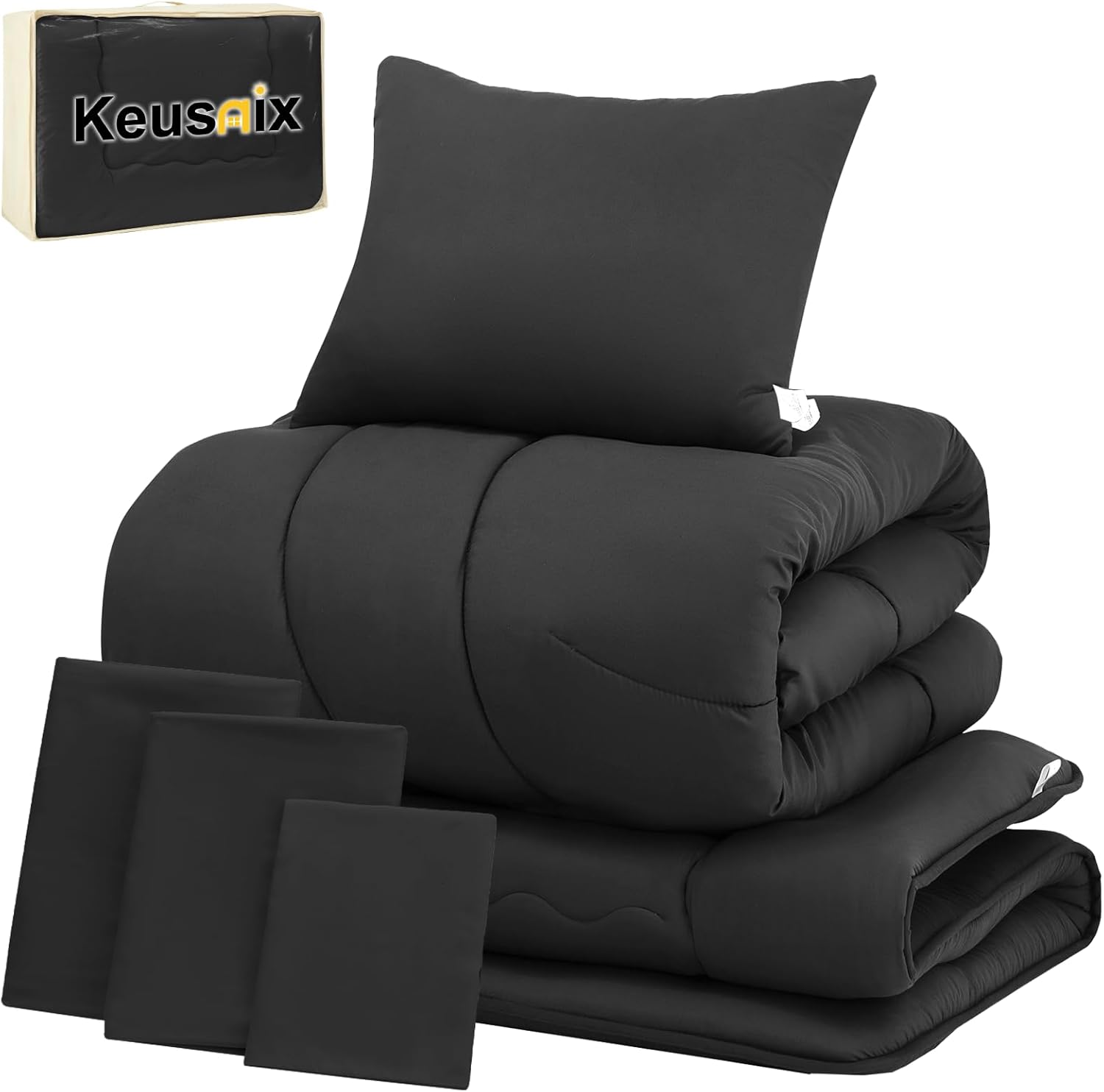 Keusnix 布団セット シングル 布団7点セット 寝具セット SEK認証 防臭 オールシーズン ふとんセット 洗える 中綿1.6kg 掛け布団・【高密度固綿入り】五層敷布団・枕・布団カバー3点・