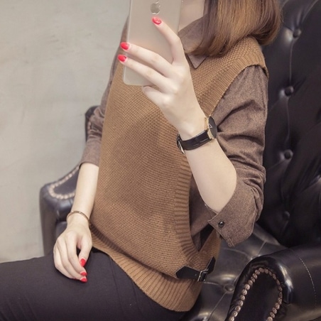 セットトップベスト トップス ミドル丈 袖なし ラウンドネック 襟付き ニット ウール 薄手