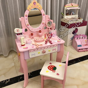 模擬木製子供用ドレッシングテーブル プリンセスドレッシングテーブル ままごとおもちゃセット 3-6歳の女の子への誕生日プレゼント