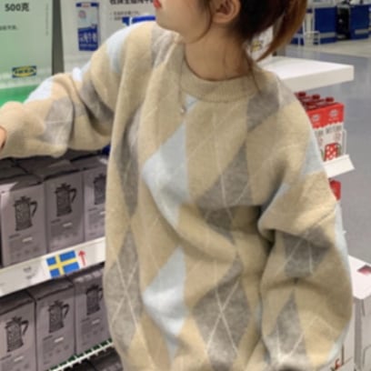 ゆったりアーガイル柄ニット トップス セーター ロング丈 長袖 ラウンドネック ワイド お得