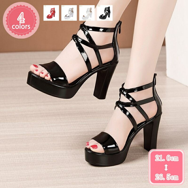 777円OFFクーポン キャバサンダル 厚底 パンプス パーティー エナメル ミュール ハイヒール10cm チャンキーヒール オープントゥ バックジッパー リボン フォーマル 美脚 リクルート 太ヒー
