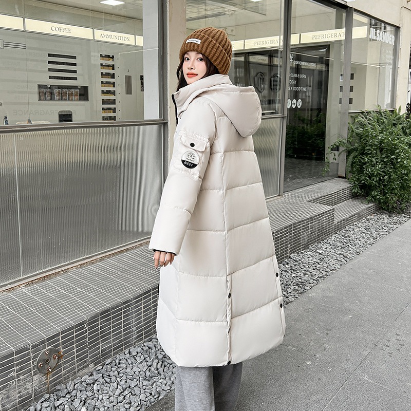 2024新しい女性用フード付きコットンコート長さ膝上素足冬用のゆったりとした厚みのある腕章コットンコートジャケット