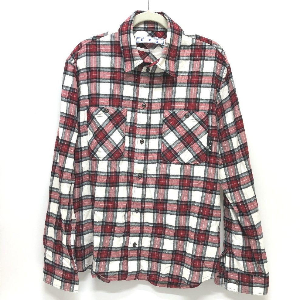 OFF-WHITE オフホワイト 長袖シャツ スプレー チェック柄 長袖 アパレル トップス ボタンシャツ コットン レッド