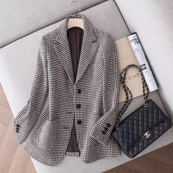 千鳥格子の小さなブレザー/スリムフィット スーツ風 レディース トップス ジャケット ブルゾン アウター ウール 長袖 スリム フォーマル スマート フィット ポケット フェイクレザー 異素材ミックス