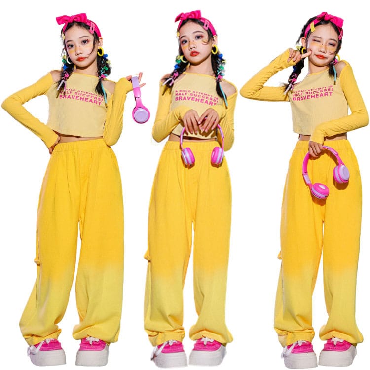 キッズ ダンス 衣装 イエロー 長袖 タイダイ柄 グラデーション オンブレ 肩出し ワイドパンツ カーゴパンツ セットアップ 女の子 ジュニア ストリート 普段着 運動着 ヒップホップ HIP