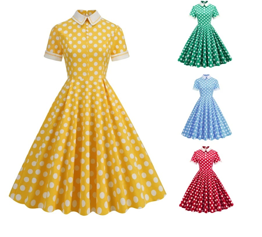 レディースワンピース ポケット付き ドット水玉柄ワンピース レトロドレス Aライン ダンス衣装 フレアワンピース コスプレ 着瘦せ セクシー コスチューム 社交ダンス 舞台ステージ衣装 団体服 演出