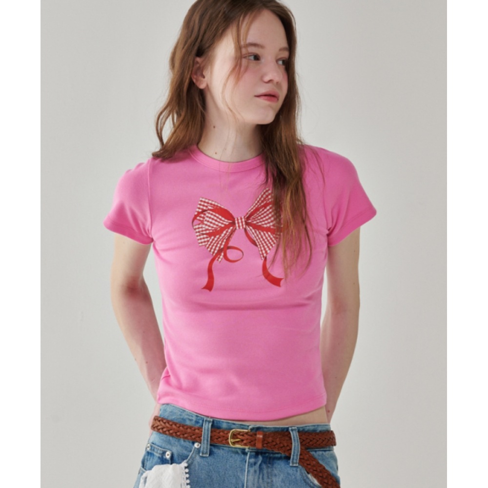 Ronron ギンガムダブルリボンスリムクロップ T シャツピンクレッド