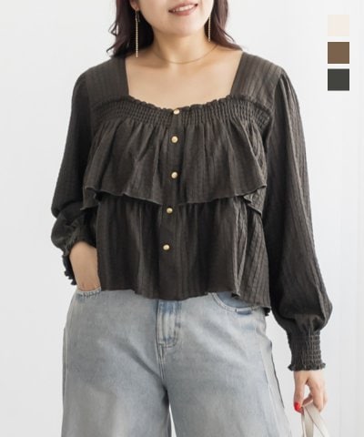 大きいサイズ レディース LL 3L 4L XL XXL XXXL CLETTEオリジナルボタンデザイン長袖ティアードプルオーバー