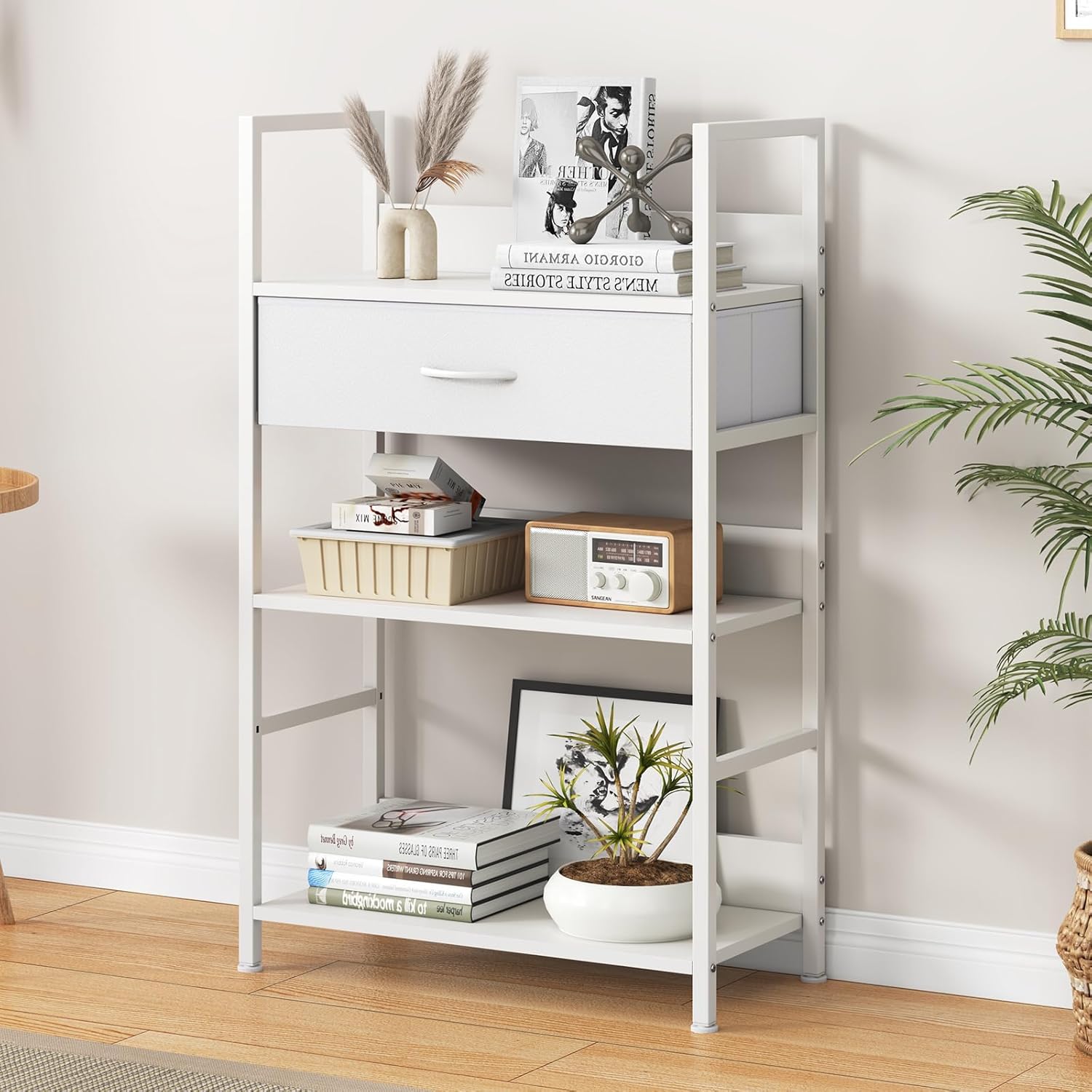 オープンシェルフラック 幅60奥行き30高さ100cm 3段 引き出し付き 位置調節可能 組立簡単 工具不要 耐震転倒防止 白色