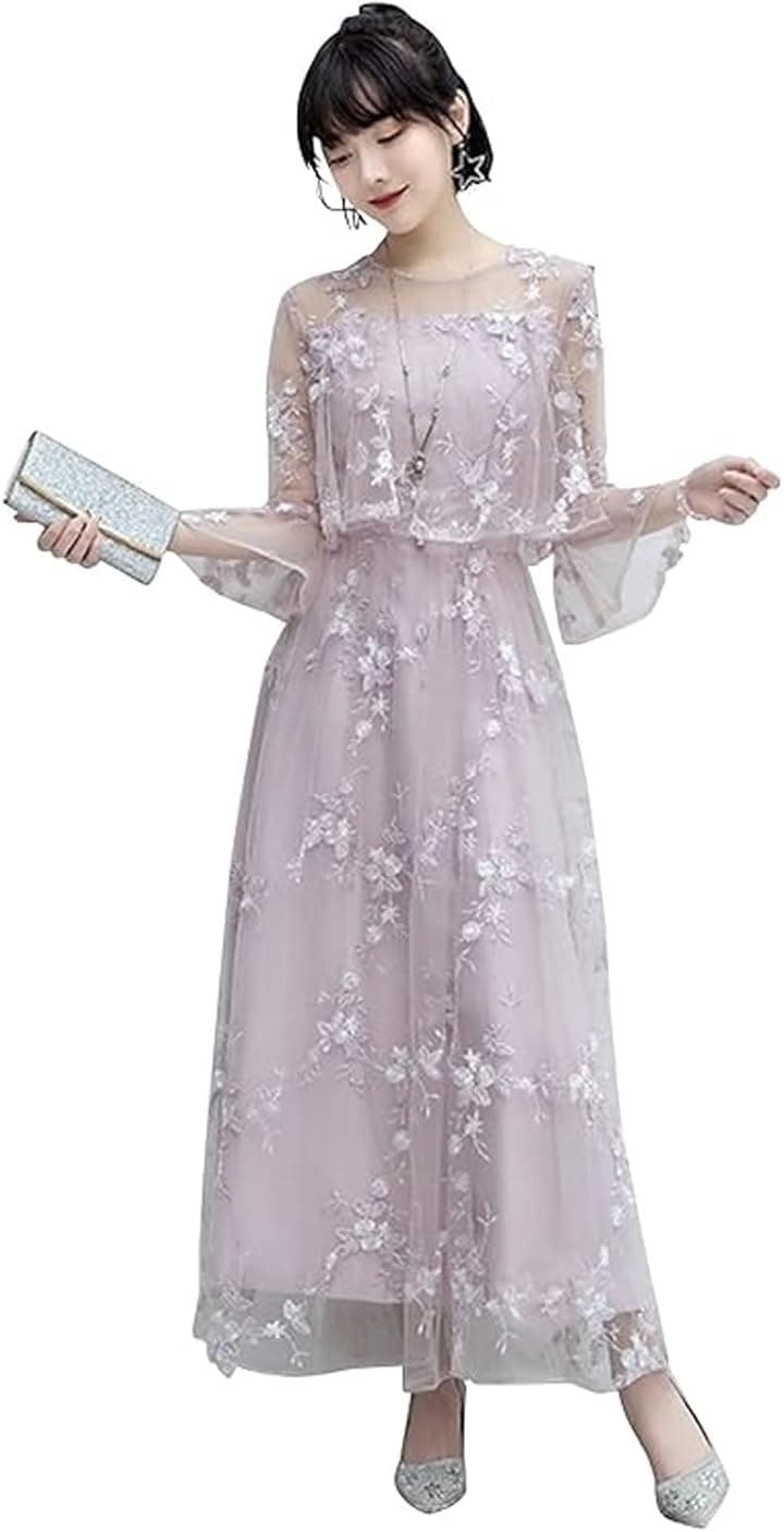 結婚式 ドレス ロング 個性的 Aライン レース 刺繍 ワンピース( スモーキーピンク, 3XL)