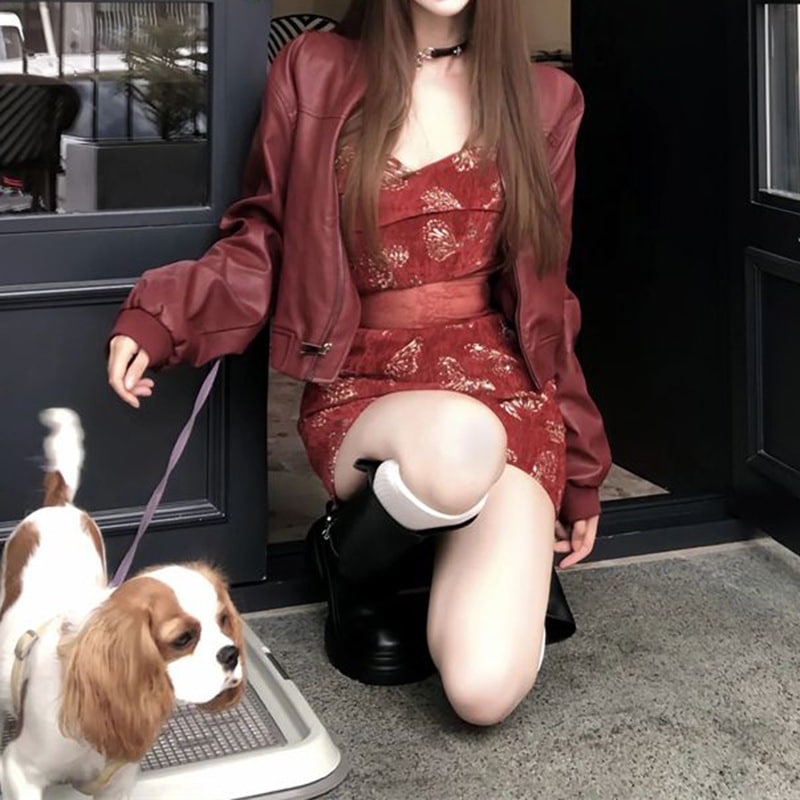 シックでセクシーなアメリカンレトロハイエンドレディーススーツ春と秋ジャケットとプリントストラップレスドレスツーピースセット